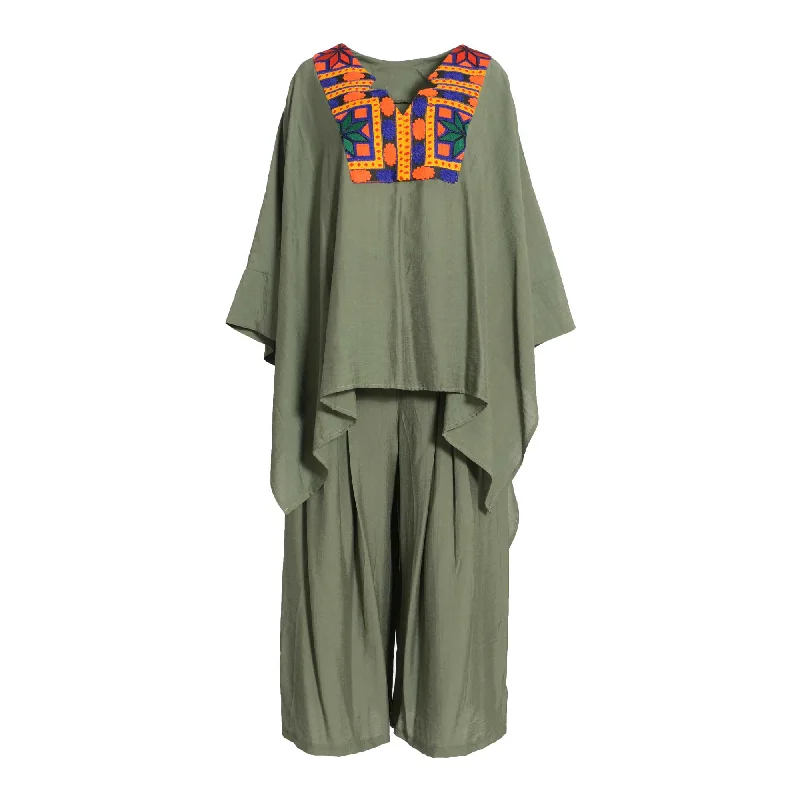 Fahm Women's Green Blouse & Pant Set, Free Size Elegant Silk Blouse