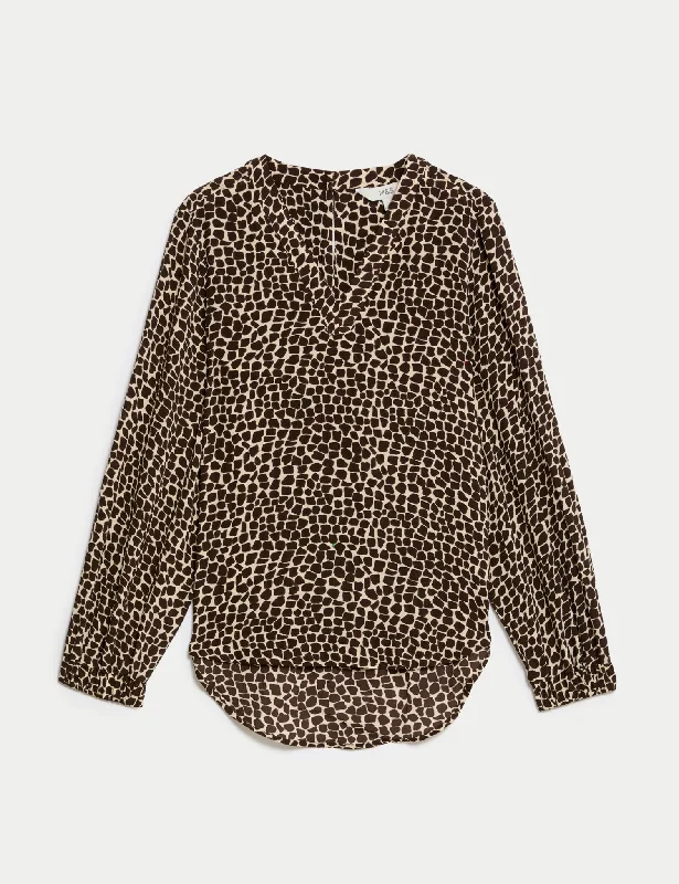 Animal Print V-Neck Popover Blouse Smart Casual Blouse