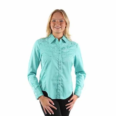 Aqua Floral Embroidered Yoke Western Blouse for Women Scully Bourbon Cowgirl Satin Long Blouse Aqua Floral Embroidered Yoke Western Blouse for Women Scully Bourbon Cowgirl Satin Long Blouse