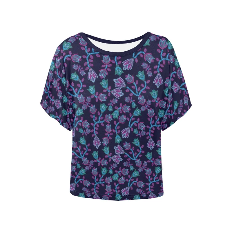 Beaded Blue Nouveau Women's Batwing-Sleeved Blouse T shirt Stretchy Fitted Blouse