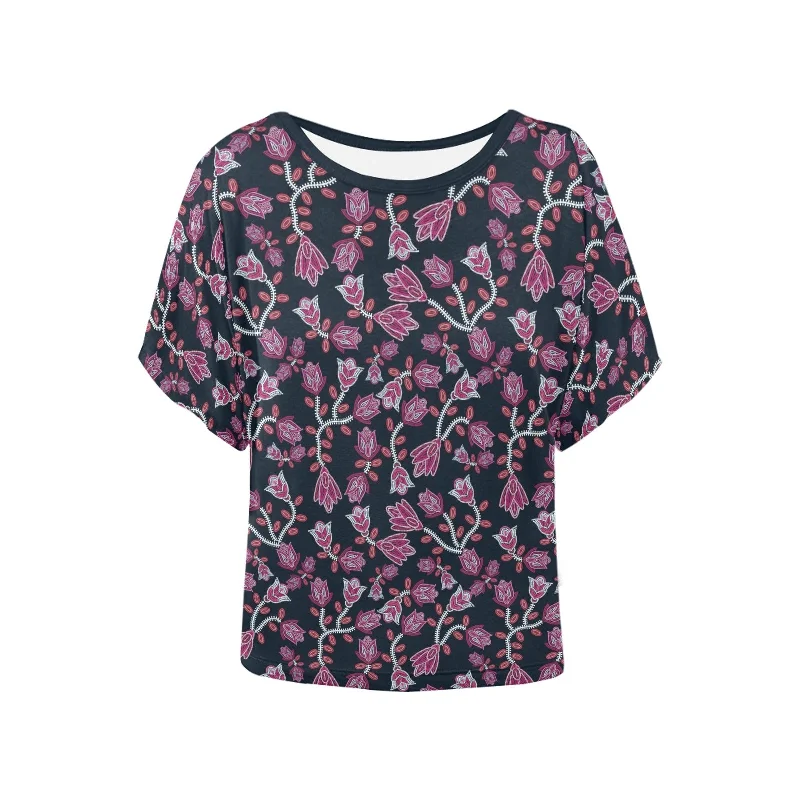 Beaded Pink Women's Batwing-Sleeved Blouse T shirt Relaxed Fit Blouse