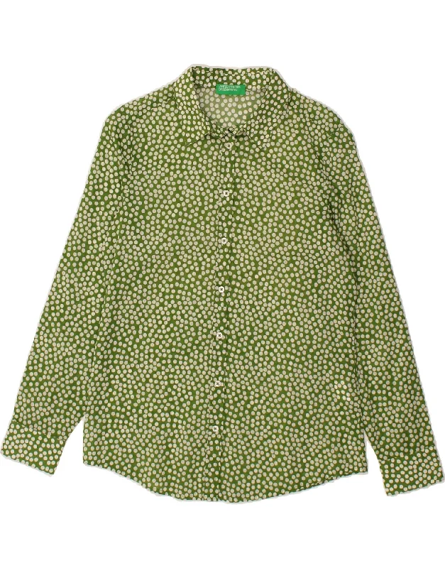 BENETTON Womens Shirt Blouse UK 6 XS Green Polka Dot Cotton Oversized Silk Blouse