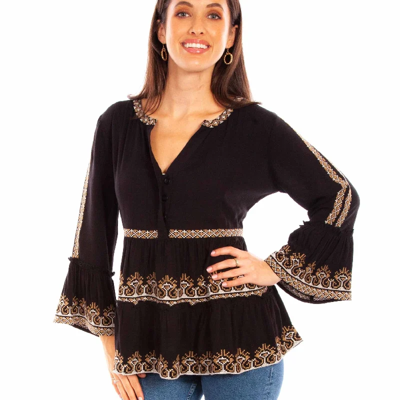 Black Embroidered Bell Sleeve Blouse Scully Bourbon Cowgirl Elegant Silk Blouse