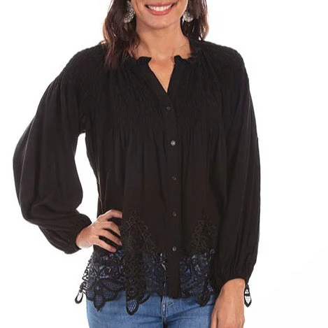 Black Lace Button Front Blouse Scully Bourbon Cowgirl Casual Relaxed Blouse