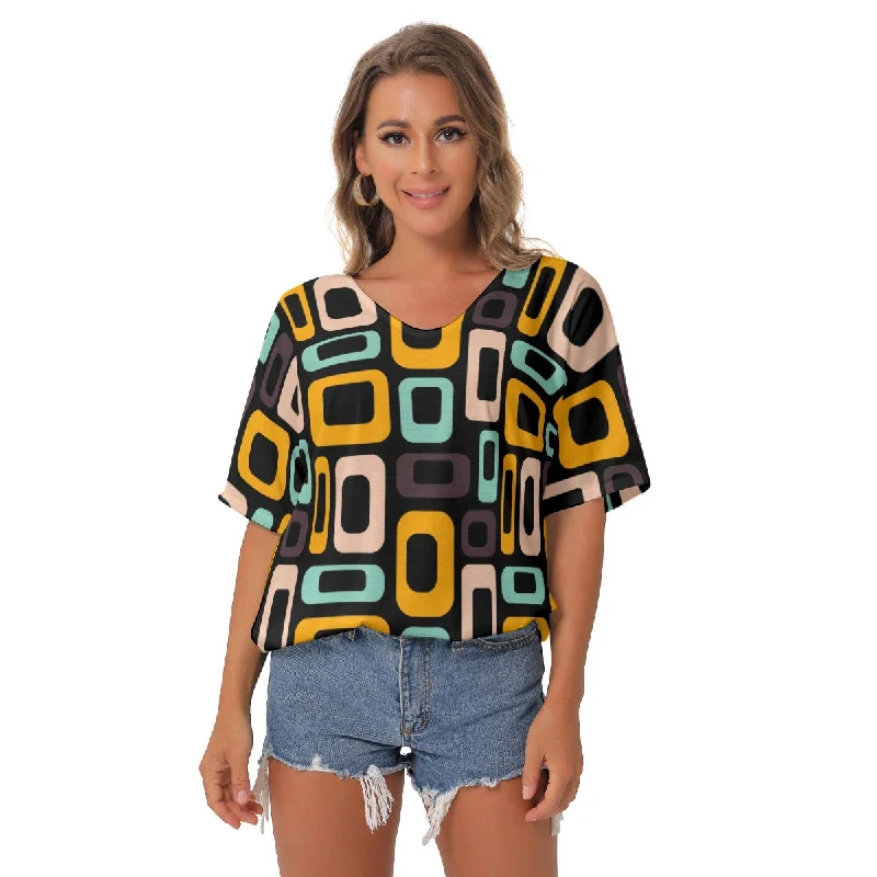 Black Reto Design V-Neck Blouse Satin Bow Blouse