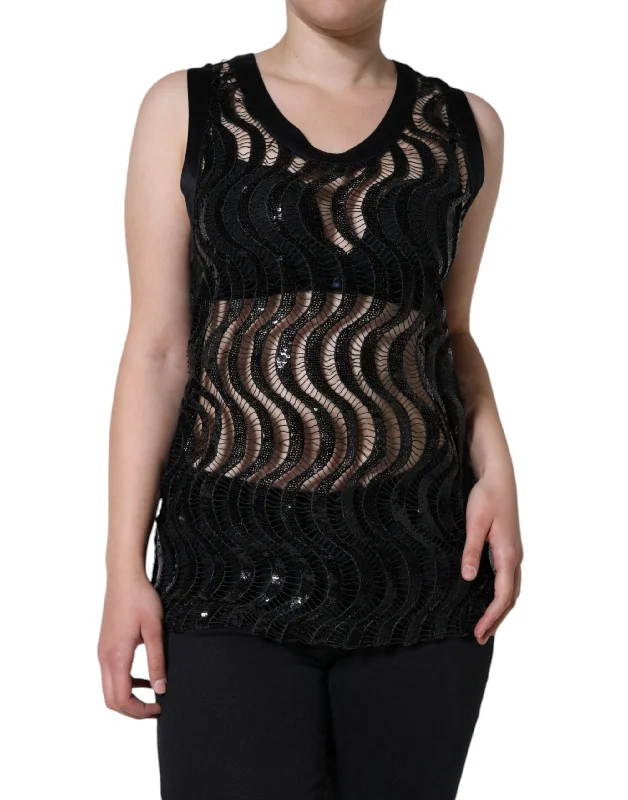 Black Sequin Sleeveless Tank Blouse Top Casual Relaxed Fit Blouse
