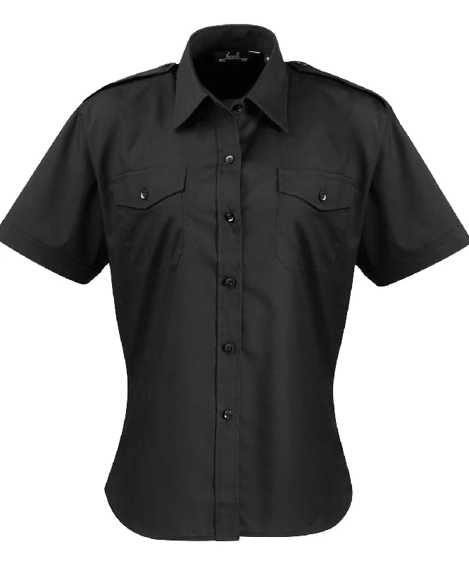 Black - Women's short sleeve pilot blouse Cotton Casual Blouse