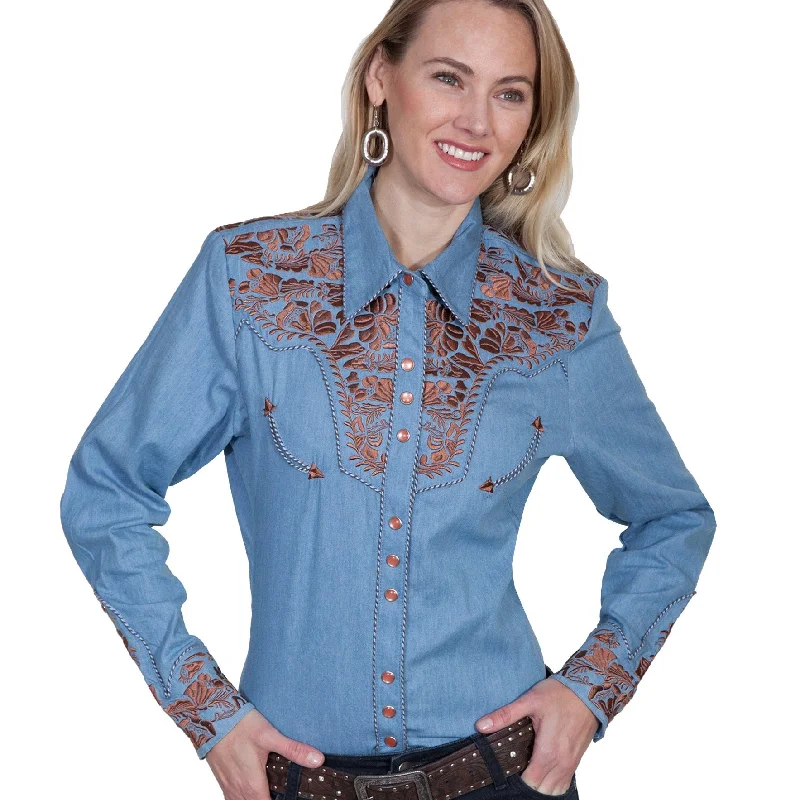 Blue Floral Embroidered Yoke Western Blouse for Women Scully Bourbon Cowgirl Puff Sleeve Blouse