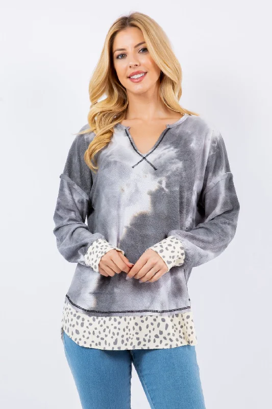 Celeste Full Size Contrast Stitching Notched Dropped Shoulder Blouse Embroidered Cotton Blouse