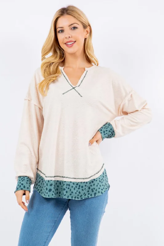 Celeste Full Size Contrast Stitching Notched Dropped Shoulder Blouse Smart Business Blouse