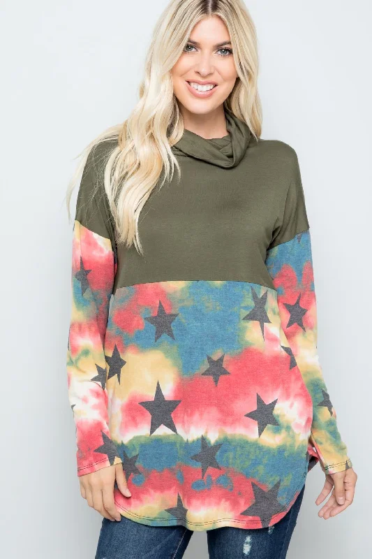 Celeste Full Size Tie-Dye Star Print Long Sleeve Blouse Stylish Wrap Blouse