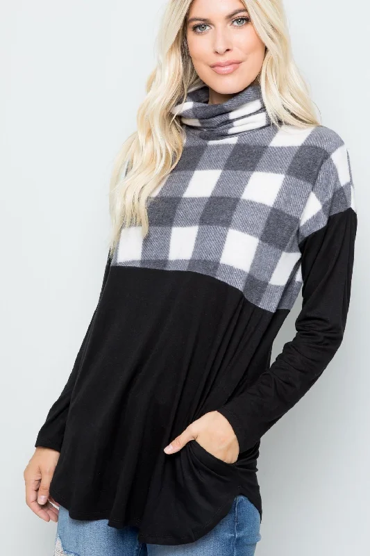 Celeste Full Szie Pocketed Plaid Turtleneck Long Sleeve Blouse Sheer Mesh Blouse