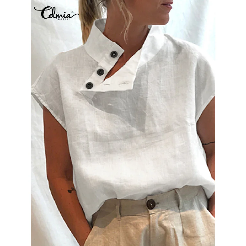 Celmia Women Short Sleeve Blusas 2022 Summer Cotton Linen Shirts Fashion Oversized Blouses Casual Loose Camisas Solid Tunic Tops Soft Modal Blouse Celmia Women Short Sleeve Blusas 2022 Summer Cotton Linen Shirts Fashion Oversized Blouses Casual Loose Camisas Solid Tunic Tops Soft Modal Blouse