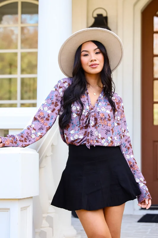 Certainly Flawless Purple Floral Blouse Bell Sleeve Blouse