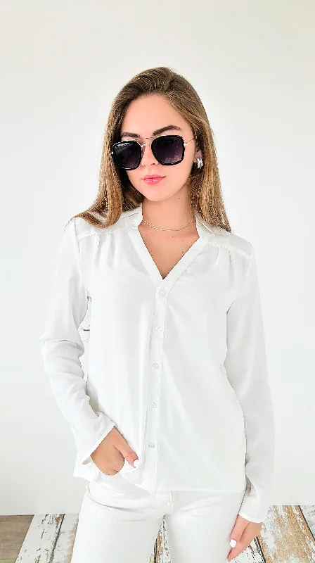 Classic Breeze Roll-Tab Blouse Top - Off White Feminine Satin Blouse