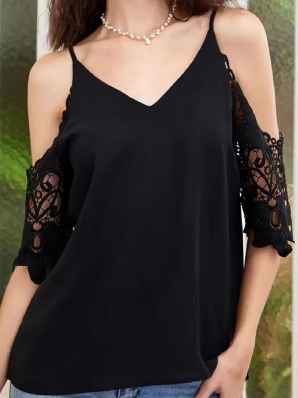 Cold-Shoulder V-Neck Spliced Lace Blouse Lightweight Chiffon Blouse