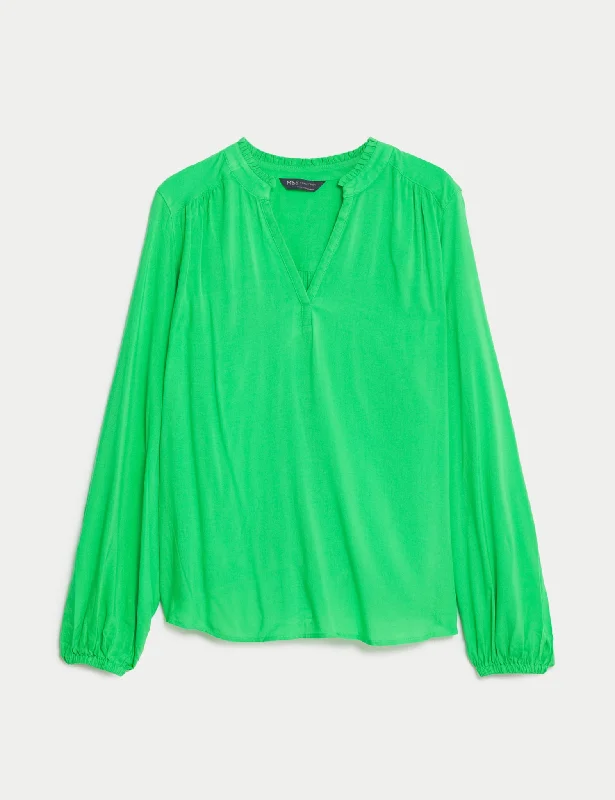 Collarless Regular Fit Long Sleeve Blouse Stretchy Fitted Blouse