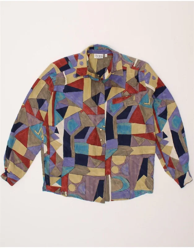 DELMOD Womens Shirt Blouse EU 38 Medium Multicoloured Geometric Silk Textured Cotton Blouse