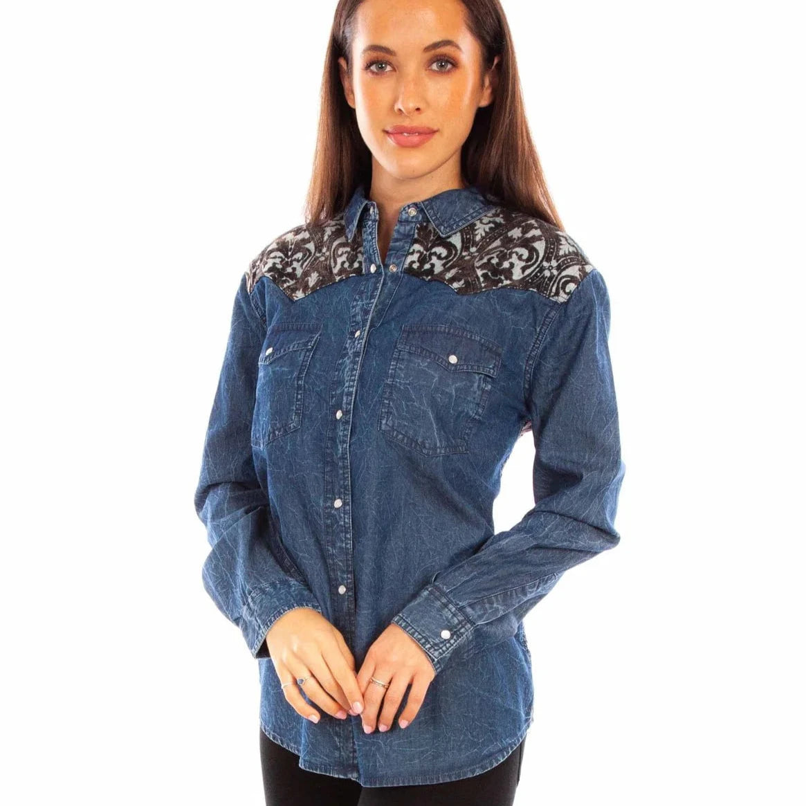 Denim Blouse with Black Jacquard Contrast for Women Scully Bourbon Cowgirl Classic Striped Blouse