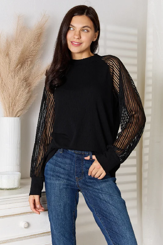 Double Take Round Neck Raglan Sleeve Blouse Versatile Layering Blouse