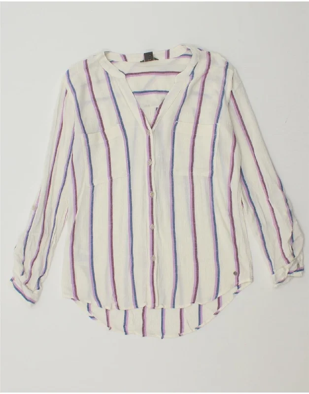 EDDIE BAUER Womens Shirt Blouse UK 6 XS White Striped Viscose Vintage Polka Blouse