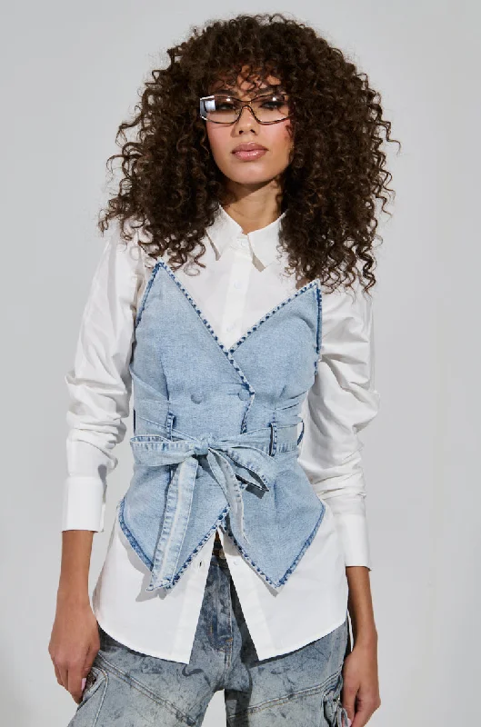 END OF SUMMER FLING DENIM CORSETED BLOUSE Chic Ruffle Blouse