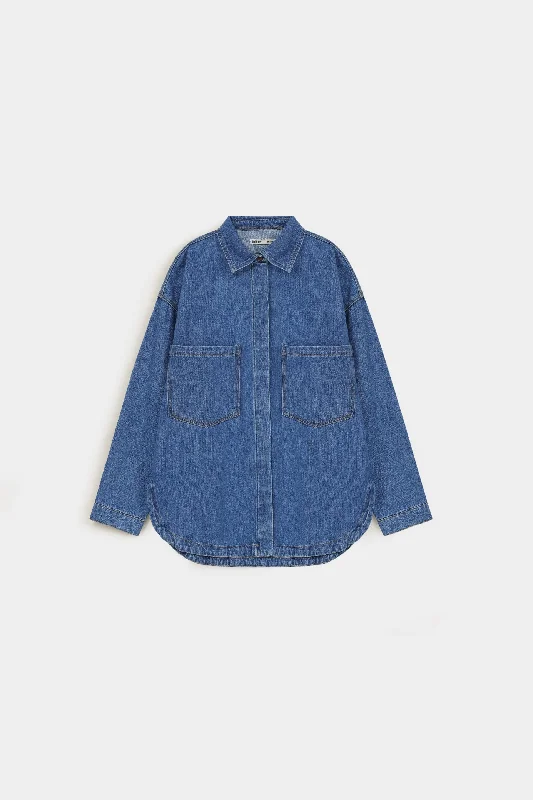 Denim Shacket Casual Button Blouse