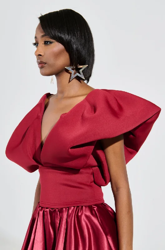 FEMME ENERGY SCUBA BLOUSE IN BURGUNDY Collared Satin Blouse