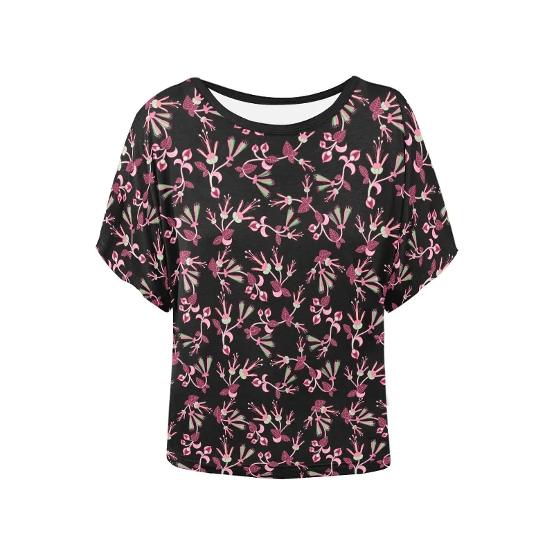 Floral Green Black Women's Batwing-Sleeved Blouse T shirt Semi-Sheer Blouse