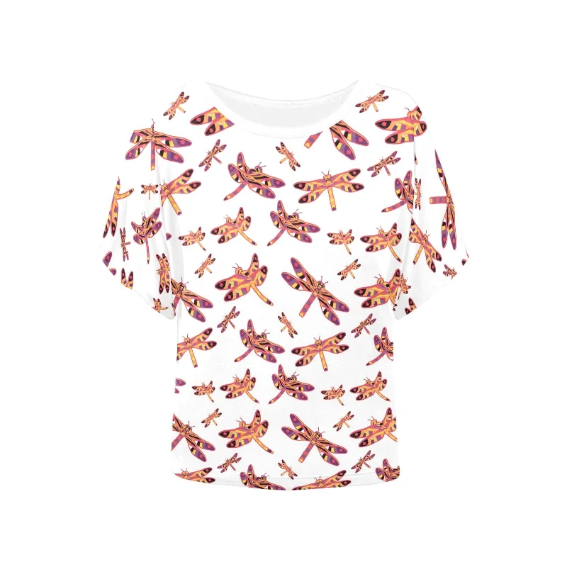 Gathering White Women's Batwing-Sleeved Blouse T shirt Ruched Sleeve Blouse