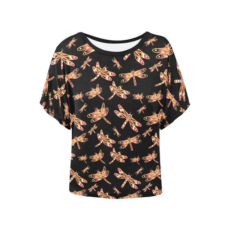 Gathering Yellow Black Women's Batwing-Sleeved Blouse T shirt Office-Ready Blouse