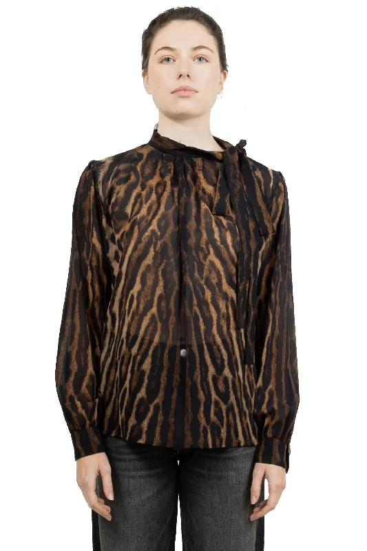 Givenchy W Blouse With Lavaliere In Leopard Print Silk Georgette Beige/Brown Semi-Sheer Blouse