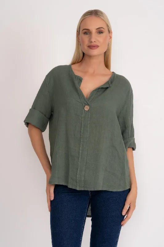 Green Linen Blouse High Neck Blouse