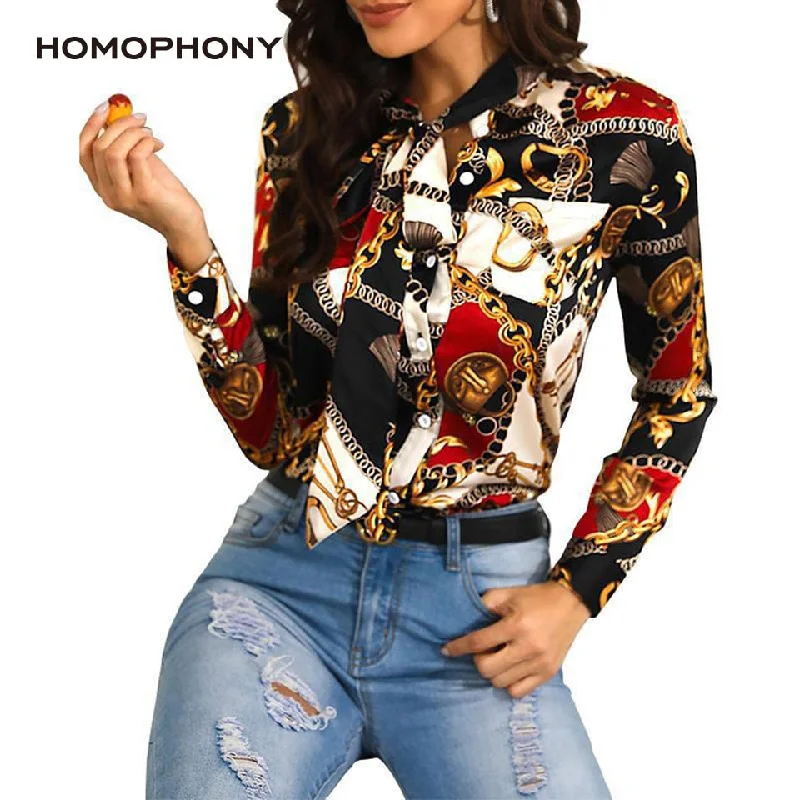 Homophony Slim Chain Women Blouses Fashion Printing Spring Autumn Blouse Shirt Elegant Casual Office Lady Streetwear Women Top Satin Drape Blouse