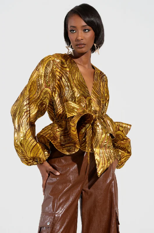 IN A DAYDREAM TIE FRONT BLOUSE IN GOLD Feminine Tie Blouse