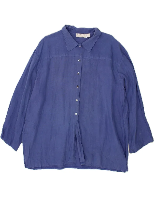 JAEGER Womens Shirt Blouse UK 20 2XL Blue Linen Stretchy Fitted Blouse