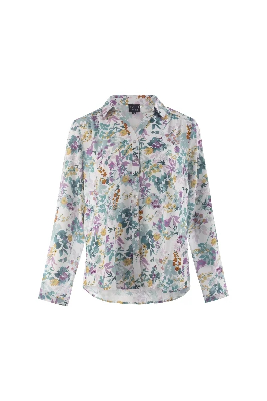 Johnny collar printed Rayon Blouse | Mint Lilac Garden | 6324AR Sheer Sleeve Blouse