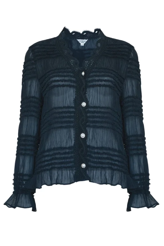 Jovonna Hilla Black Gathered Striped Sheer Blouse Classic Minimalist Blouse
