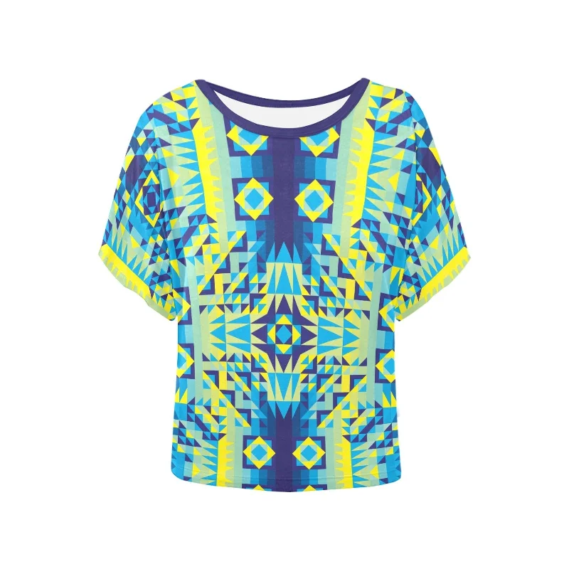 Kaleidoscope Jaune Bleu Women's Batwing-Sleeved Blouse T shirt Slim Fit Blouse