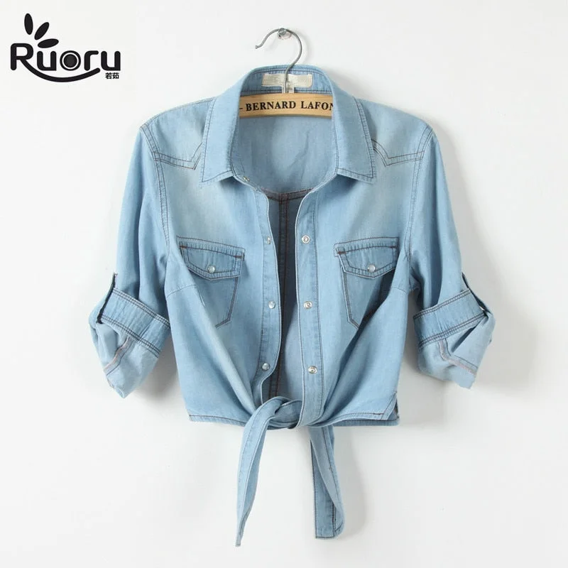 kimono Denim Shirt Short Sleeve Womens Tops Chemise Femme Crop Top Sexy Short Jeans Shirt Blouse Summer Cool Feminine Shirts Double-Layered Blouse