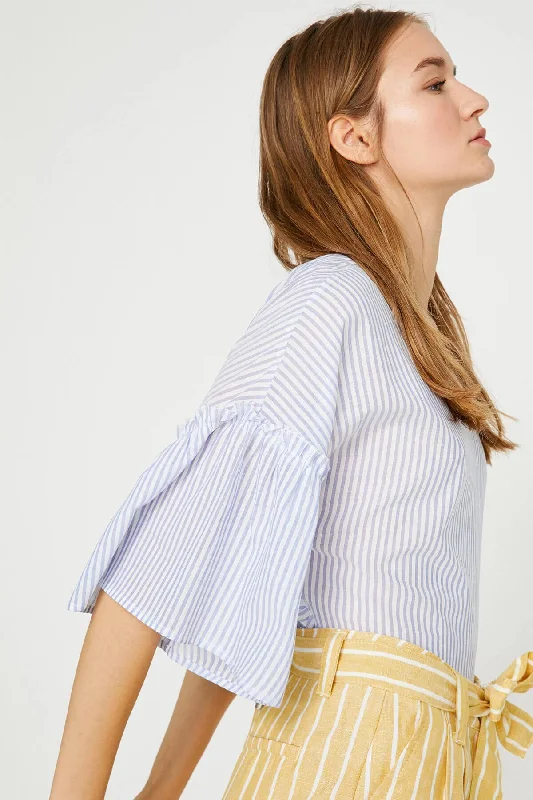 Women Blue Bike Collar Blouse Feminine Ruffle Blouse
