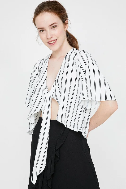 Women Raw White V Collar Blouse Ruffled Neck Blouse