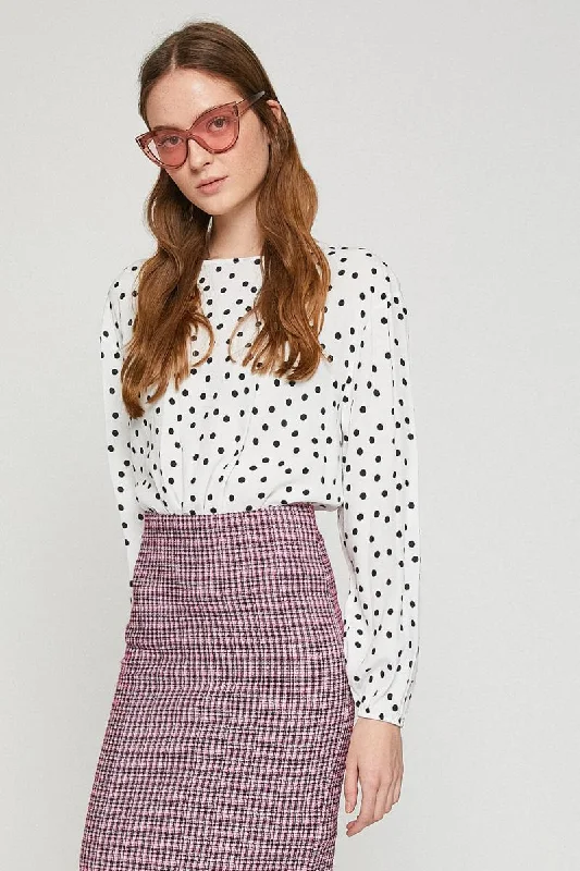 Women White Long Sleeve Blouse Delicate Pleat Blouse