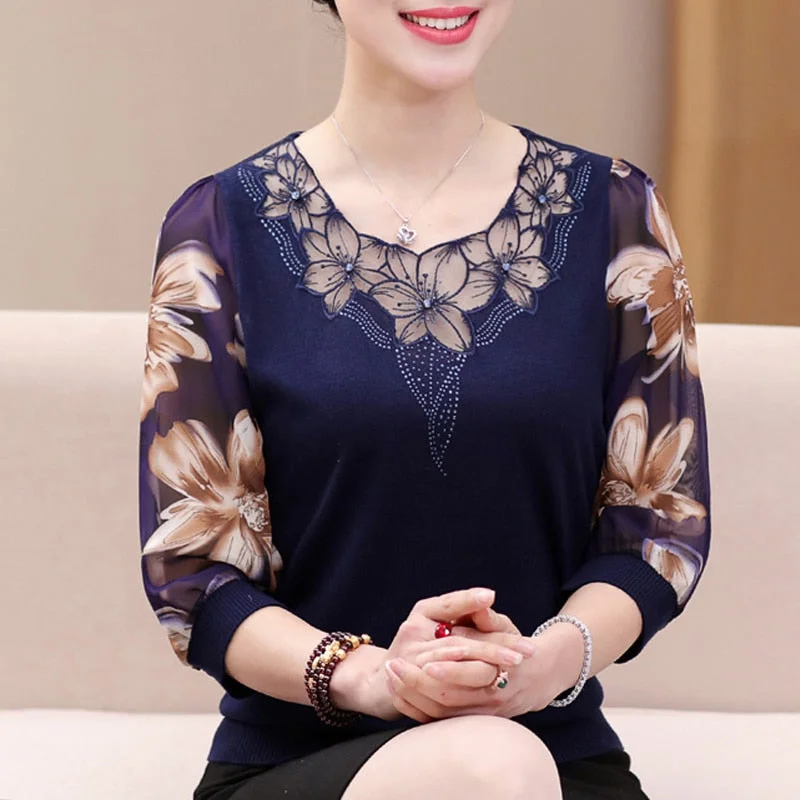 Lace Blouse Older Women blouse Mesh Hollow Out 2020 New Half Sleeve blusa Printed Plus Size Knit stitching Chiffon tops 901F Satin Long Blouse