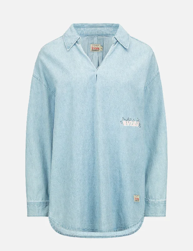 Logo Print Loose-fit Denim Blouse Delicate Pleat Blouse