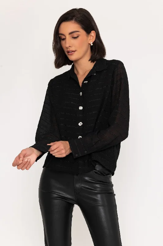 Long Sleeve Stripe Detail Blouse in Black Vintage Polka Blouse