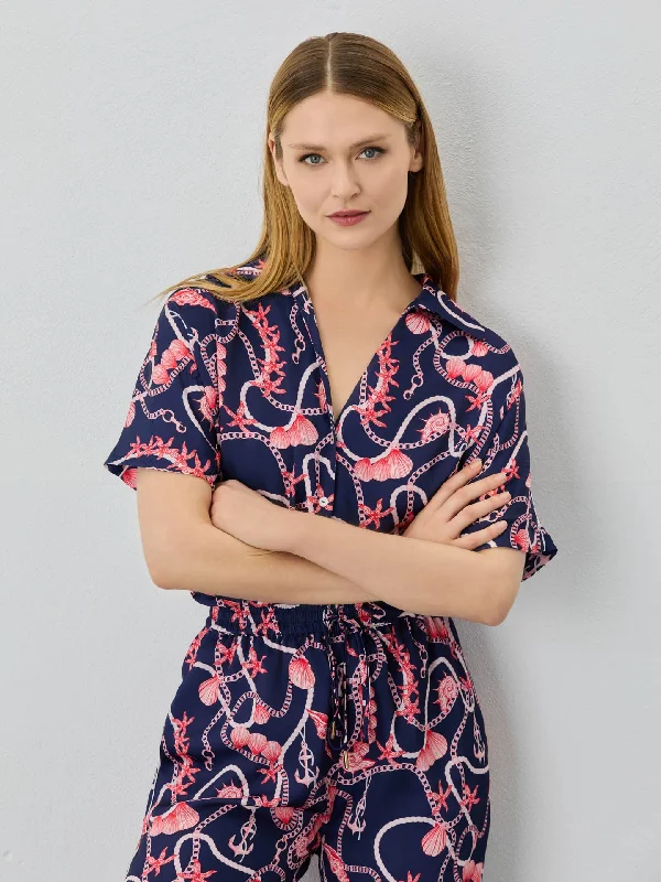 Loose Fit In Satin Blouse With Nautical Print Off-Shoulder Wrap Blouse