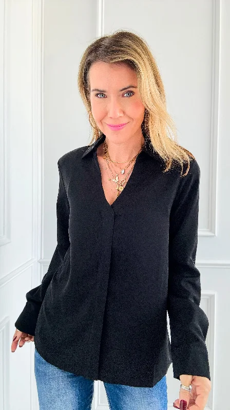 Luxe Essential Button Blouse Top - Black Double Button Blouse