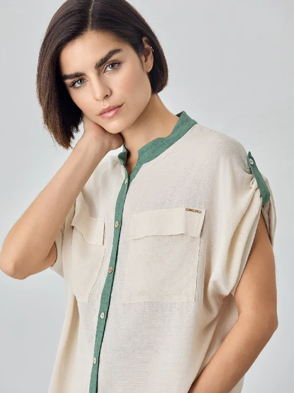 Mao Open Collar Blouse In Rayon Rustic Fabric Modern Oversized Blouse