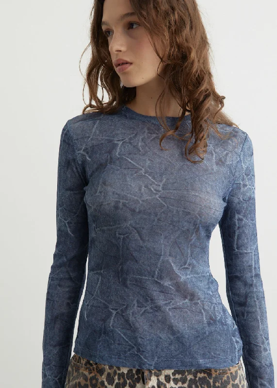 Marl Mesh Long Sleeve Crew Neck Blouse Side Tie Blouse
